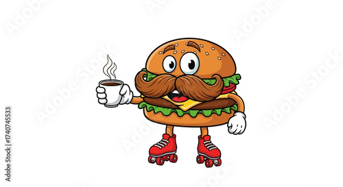 Cartoon Hamburger with Mustache on Roller Skates Holding Coffee Cup on White Background