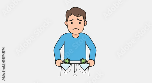 Cartoon illustration of a sad man with empty pockets symbolizing financial problems and poverty