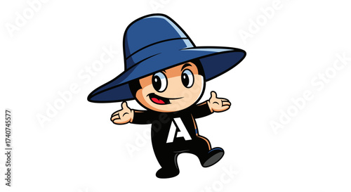 Charming cartoon character wearing a blue hat and a jumpsuit with the letter A on it