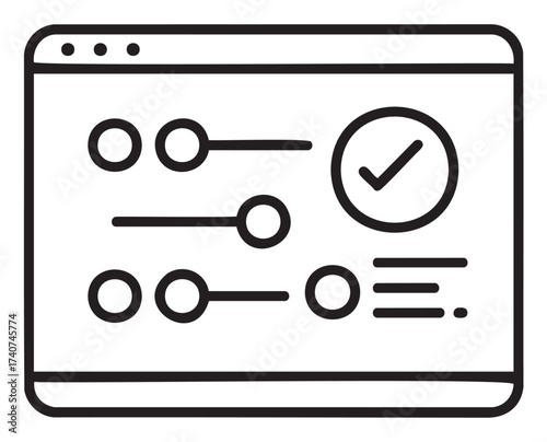 Black outline vector icon of a web browser window displaying settings options with toggle buttons and a checkmark symbol.
