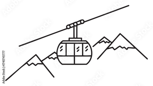 Minimal black outline of a cable car suspended in the air with a mountainous landscape in the background.