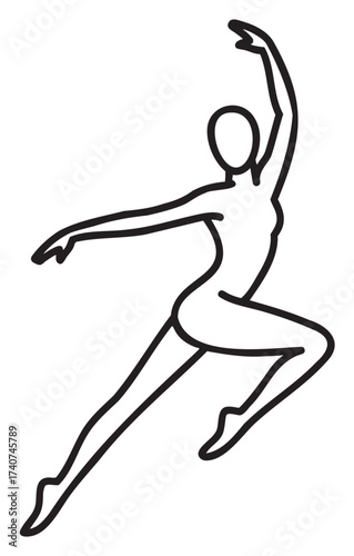 Black outline illustration of a graceful dancer in motion captured in an elegant, dynamic pose.