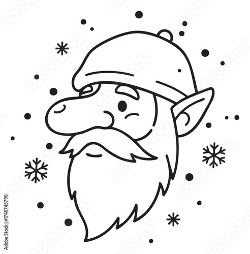 Black outline drawing of a bearded gnome wearing a hat surrounded by snowflakes and dots, conveying a whimsical winter theme.