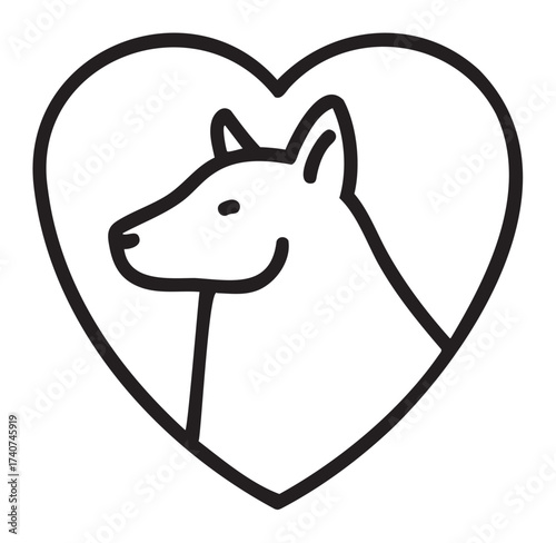 Black outline vector icon of a dog's head inside a heart shape, representing love and care for animals.