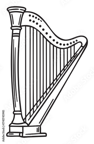 Black outline of a classical harp featuring elegant curves and intricate strings, ideal for musical and artistic themes.