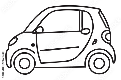 Black outline of a compact car side view with simple design, showcasing door, windows, and wheels in a minimal illustrative style.