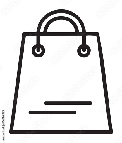 Black outline icon of a simplistic shopping bag with a curved handle, representing retail and consumerism.