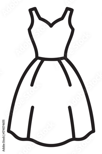 Simple black outline of a classic sleeveless dress with a fitted bodice and flared skirt.