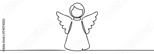 Simple black continuous line drawing of an angel with wings and a halo. minimalist design for spiritual or religious themes.