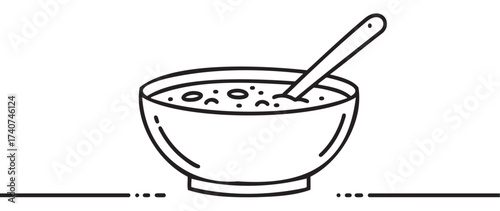 Black outline vector icon of a bowl filled with cereal and a spoon, representing a simple linear illustration for breakfast and food concepts.