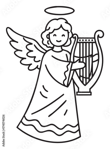 Black and white line drawing of a smiling angel with wings and halo playing a lyre, wearing a flowing robe.