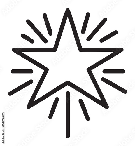 Black outline of a stylized star sparkler with radiant lines, representing celebration, festivity, and joy.