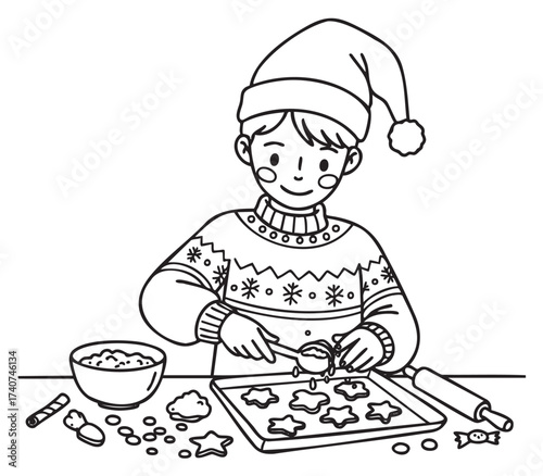 Young caucasian male child wearing a festive sweater and hat, happily baking star-shaped cookies on a tray at a table.