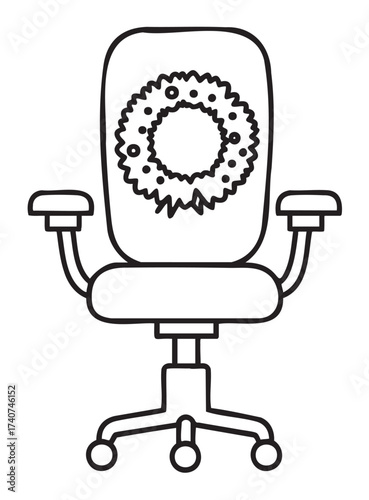 Black outline drawing of an office chair with a christmas wreath decoration on the backrest, featuring adjustable armrests and a five-wheel base.