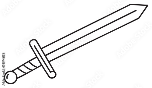 Black outline vector icon of a simple medieval sword with a straight blade and crossguard. minimal linear illustration for weaponry, history, and medieval concepts.
