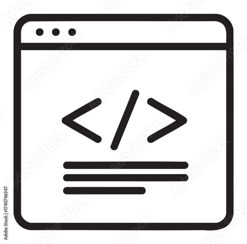 Black outline icon of a web page with html code brackets and lines, symbolizing website development and coding concepts.
