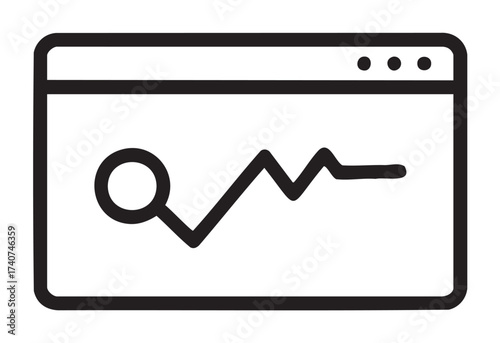 Black outline icon of a web browser window displaying an upward zigzag line with a circular marker, symbolizing data analysis or statistics.