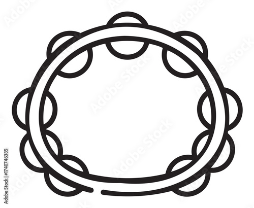 Black outline icon of a simple circular tambourine with eight evenly spaced jingles. minimal linear design for music and percussion themes.