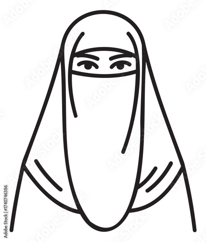 Black outline of a woman wearing a full-face veil, with visible eyes, represented in a minimalist, linear style.