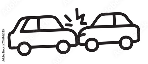 Black outline icon of two cars in a frontal collision, with impact lines indicating the crash.