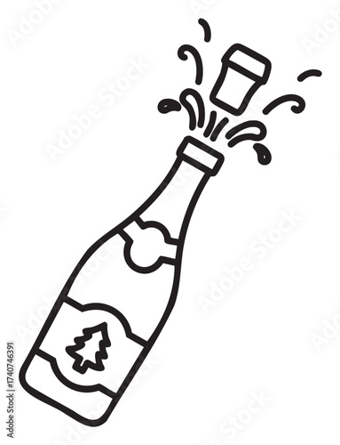 Black outline vector icon of a champagne bottle with a cork popping and festive bubbles. labeled for celebration and holiday occasions.