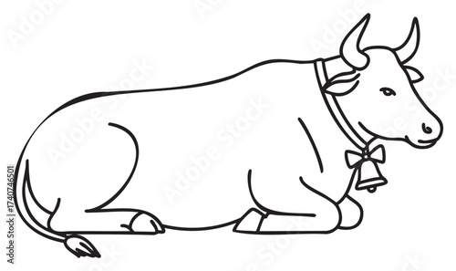 Black outline of a reclining cow with a bell around its neck, showcasing simple lines and minimal detailing in a side view.
