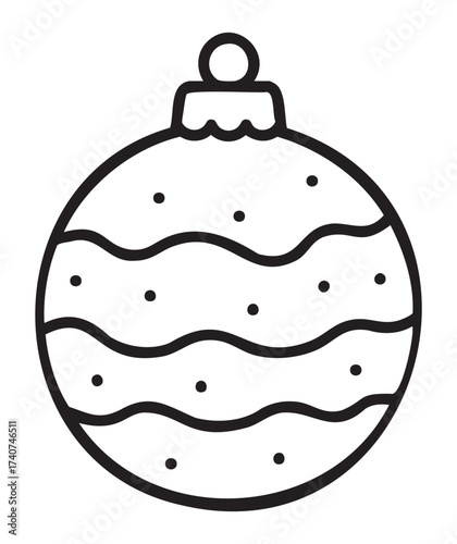 Black outline of a classic christmas ornament featuring wavy lines and small dots in a simple design.