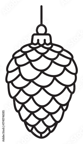 Black outline vector icon of a hanging pine cone-shaped christmas ornament with a detailed scale pattern and loop for hanging.