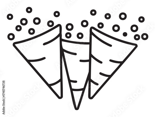 Three black outline vector icons of simple triangular party poppers with confetti and streamers, representing celebration and festivities.