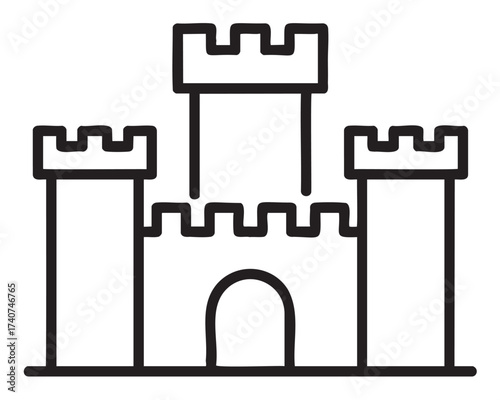 Black outline vector icon of a simple medieval castle with three towers and a central arched entrance, representing strength and history.
