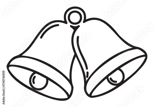 Black outline drawing of two symmetrical bells with a shared loop. minimalist design suggests celebration and festivity.