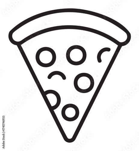 Black outline vector icon of a pizza slice with pepperoni and mushrooms, minimal design for food and culinary concepts.