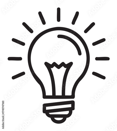 Black outline icon of a simple incandescent light bulb with rays emanating from it, symbolizing ideas and innovation.