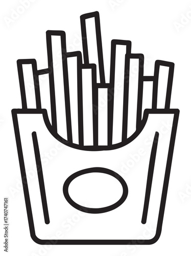 Black outline icon of a simple rectangular carton filled with french fries. minimal linear illustration for fast food and snack concepts.