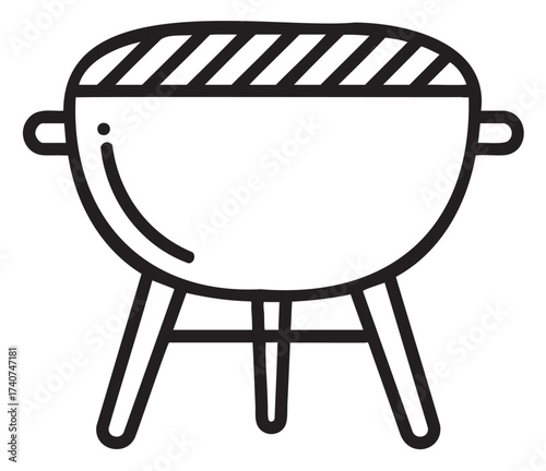 Black outline vector icon of a simple tripod charcoal grill with a striped lid. minimal linear design for cooking, barbecue, and outdoor grilling themes.