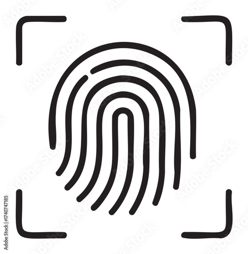 Black outline icon of a fingerprint scanner with a circular biometric fingerprint surrounded by a square frame.