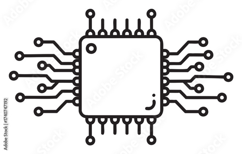 Black outline icon of a central processing unit with multiple protruding connectors, representing technology and computing concepts.