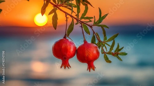 Vibrant pomegranates hanging from branch against scenic sunset sky