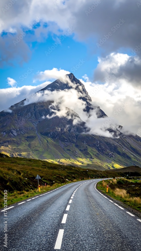 Fototapeta premium Asphalt road curves toward majestic mountain peak, shrouded in clouds