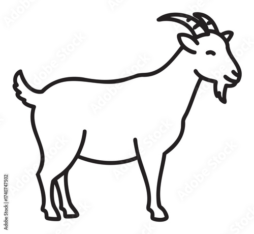 Black outline vector icon of a simple standing goat with a short beard and curved horns, featuring minimalistic design for farm and animal concepts.