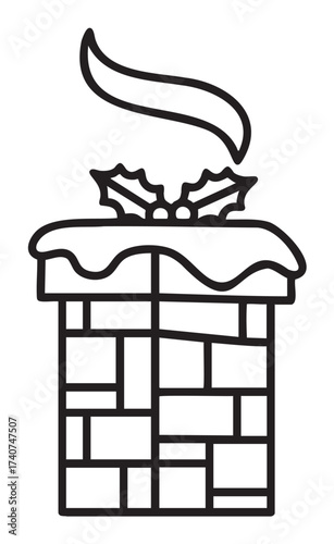 Black outline vector icon of a brick chimney with a stylized smoke swirl and holly decoration on the snowy cap. perfect for winter and holiday themes.