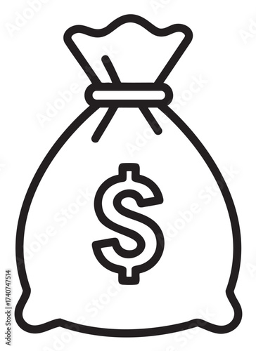 A simple black outline illustration of a money bag with a dollar symbol in the center, representing finance or banking.