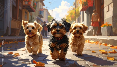 Fototapeta Naklejka Na Ścianę i Meble -  Charming Trio of Happy Puppies Running Down a Picturesque City Street
