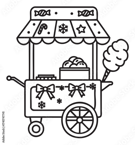 Black outline vector icon of a festive candy cart with decorative elements and candy items, representing holiday and celebration themes.