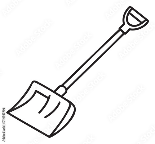 Black outline of a simple snow shovel with a wide blade and handle, ideal for winter snow removal and outdoor maintenance activities.