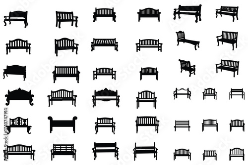 Collection of black silhouette park benches and garden seats