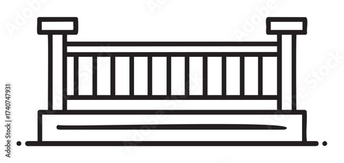 Black outline icon of a simple baby crib with vertical bars and two top corner posts.