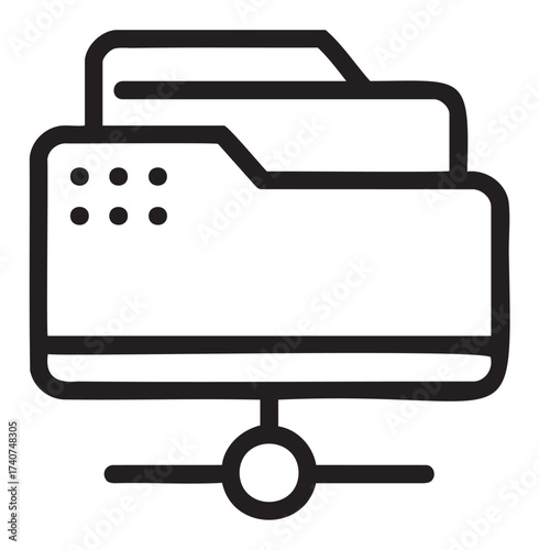 Black outline icon of a networked computer folder representing shared files and connectivity in a minimal style.