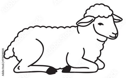 Black outline illustration of a cute sheep lying down with its eyes closed, featuring a fluffy woolly coat and a calm posture.