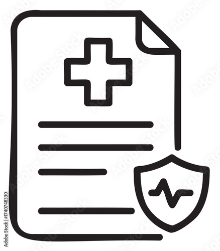 Black outline icon of a medical document with a cross and shield symbol, representing health insurance or medical records.